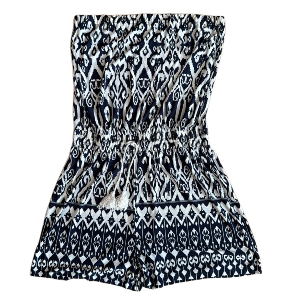 STRAPLESS TRIBAL PRINT NAVY WHITE ROMPER TIE WAIST SIZE L/XL